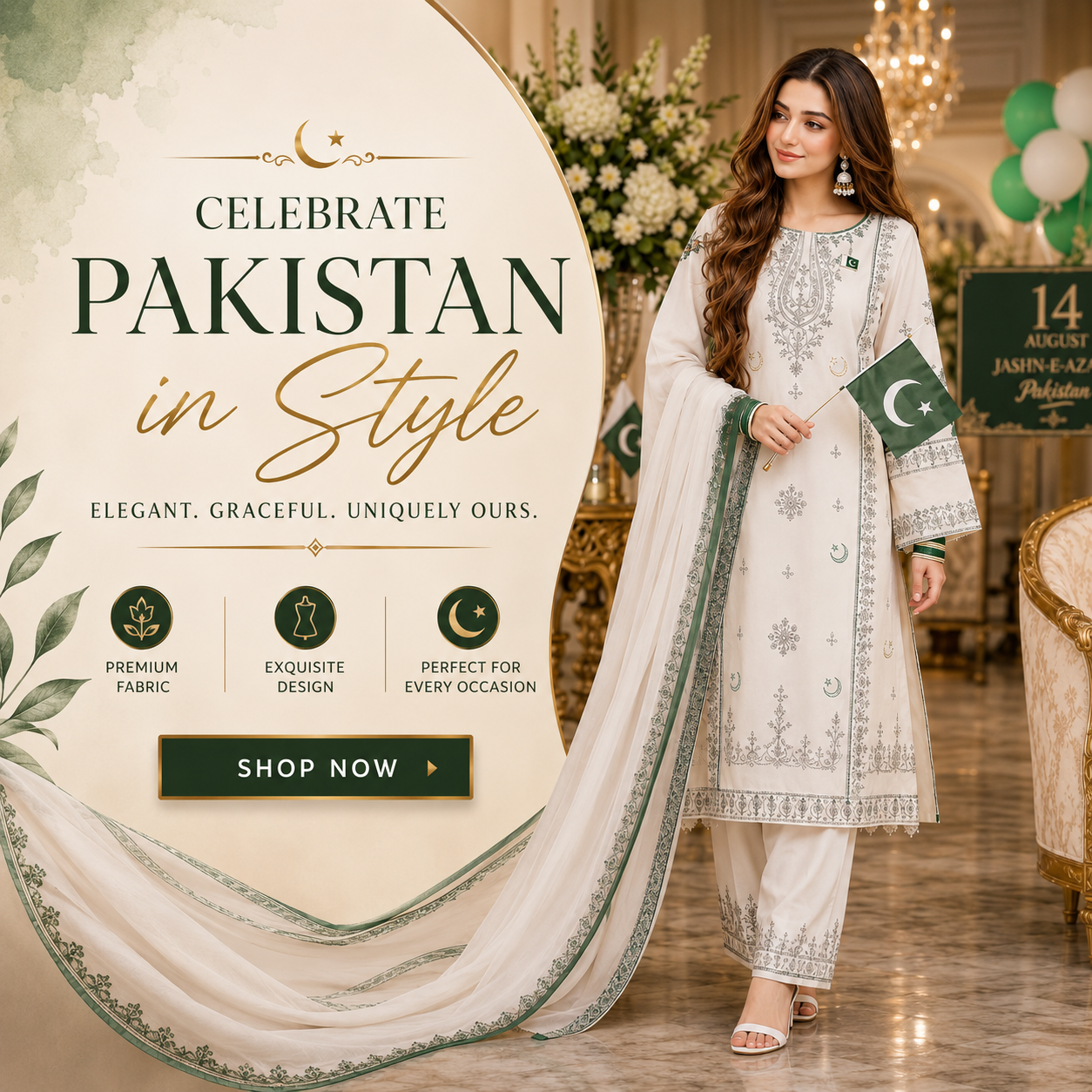 🇵🇰 Azadi Special | White & Green Embroidered Premium 3-Piece Chiffon Suit
