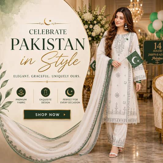 🇵🇰 Azadi Special | White & Green Embroidered Premium 3-Piece Chiffon Suit