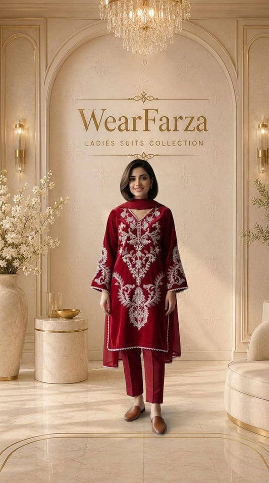 Maroon Kurta shalwar Embroidered Chiffon Stitched 3 Piece Suit