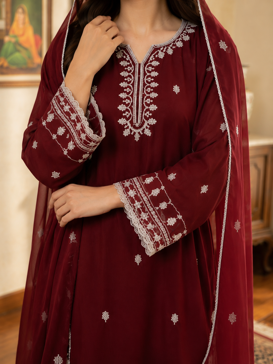 Maroon Embroidered Chiffon Stitched 3 Piece Suit