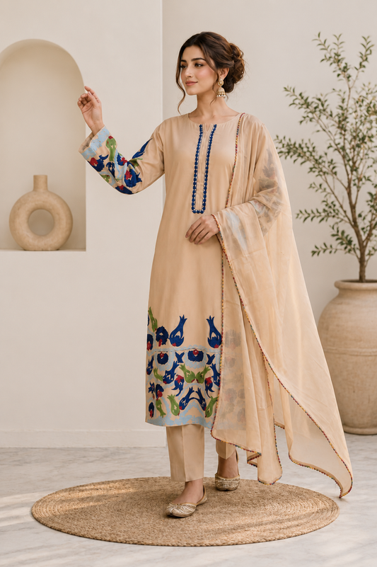 Elegant Beige Floral 3-Piece Stitched Suit