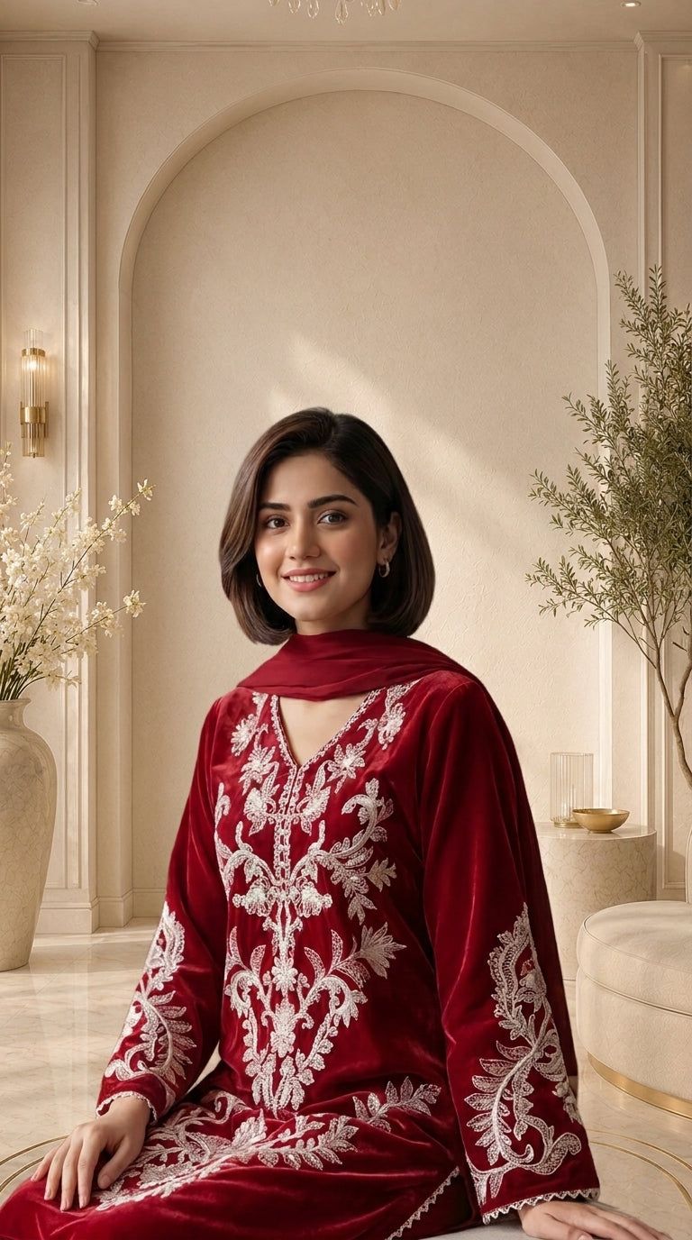 Maroon Kurta shalwar Embroidered Chiffon Stitched 3 Piece Suit
