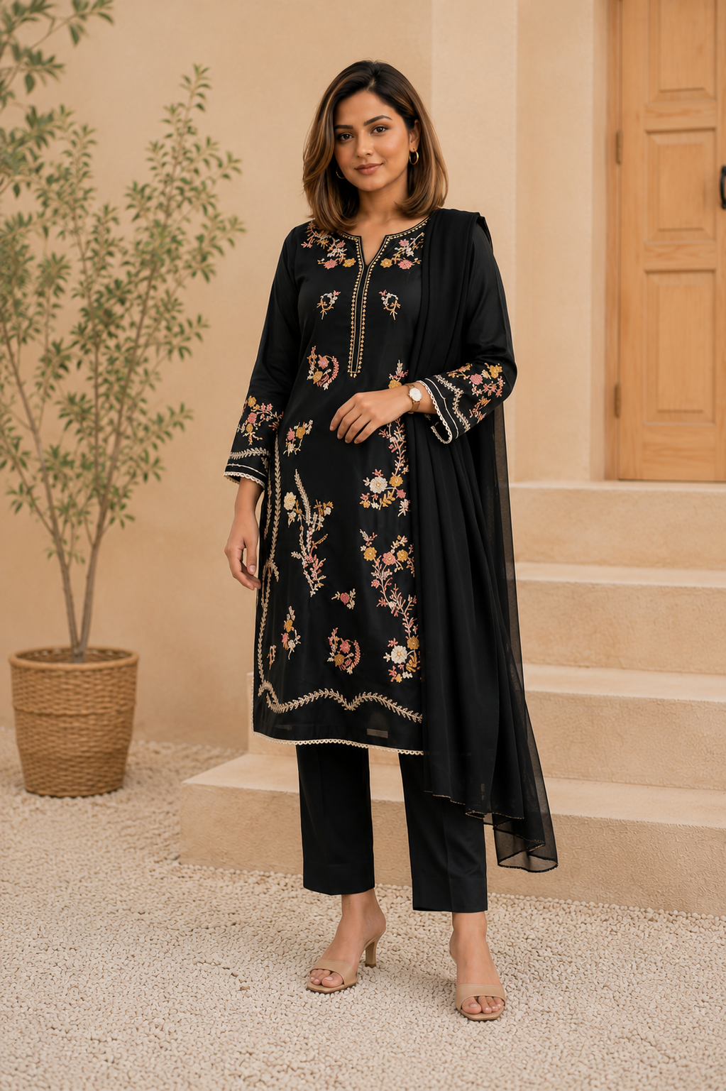 Elegant Black Multi-Colour Embroidered Chiffon Stitched 3-Piece Suit