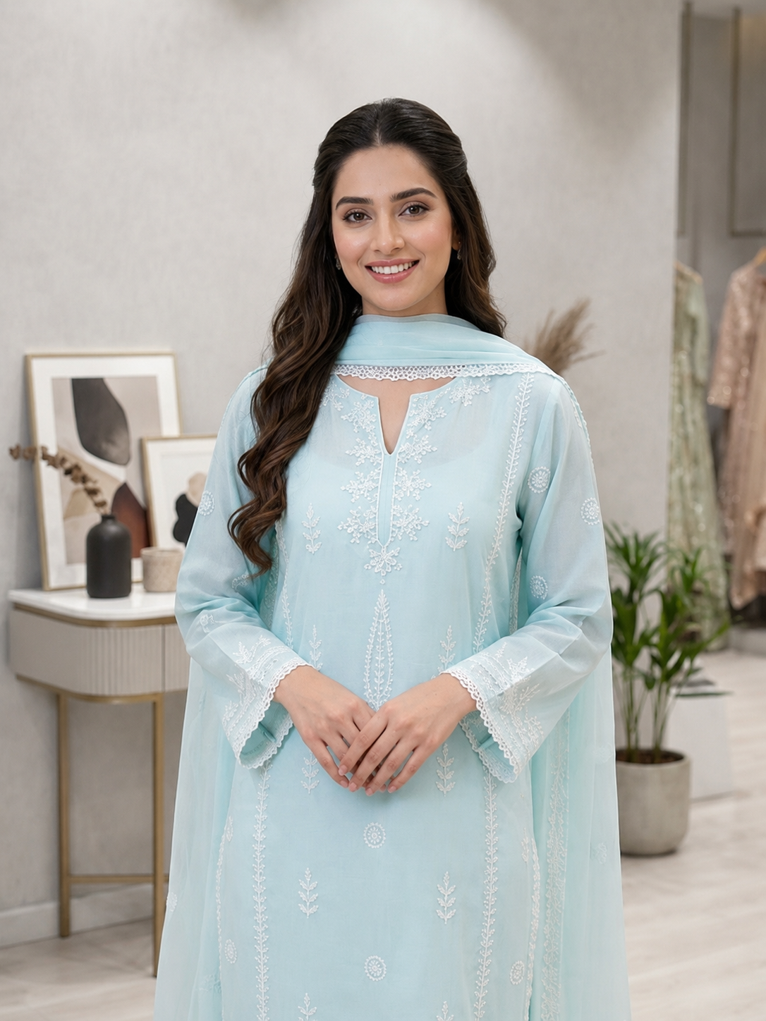 Sky Blue Embroidered Chiffon Stitched 3 Piece Suit