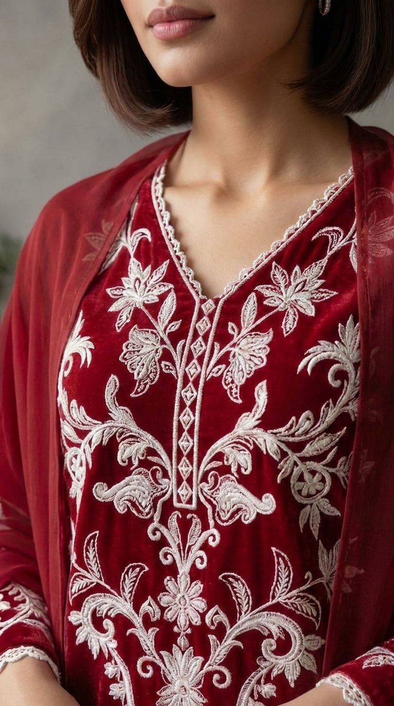 Maroon Kurta shalwar Embroidered Chiffon Stitched 3 Piece Suit