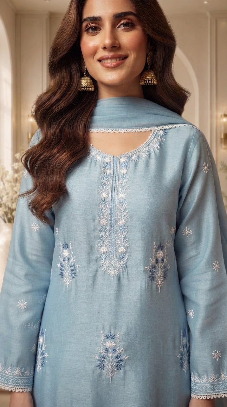 Elegant Sky Blue Embroidered Chiffon Stitched 3-Piece Suit