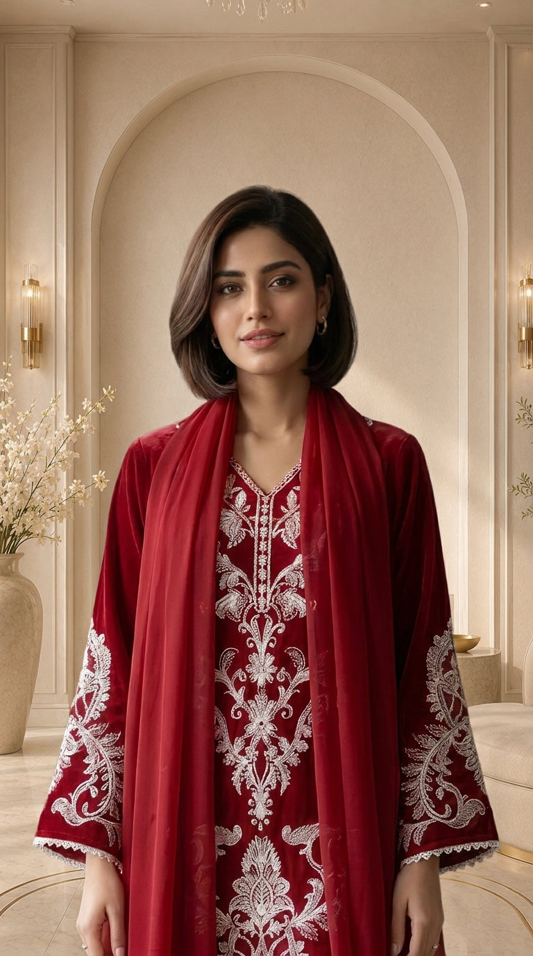 Maroon Kurta shalwar Embroidered Chiffon Stitched 3 Piece Suit