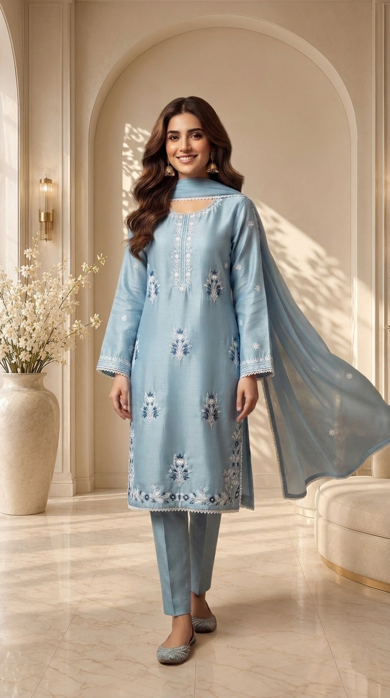 Elegant Sky Blue Embroidered Chiffon Stitched 3-Piece Suit