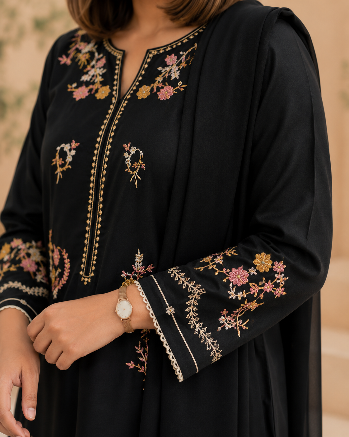 Elegant Black Multi-Colour Embroidered Chiffon Stitched 3-Piece Suit