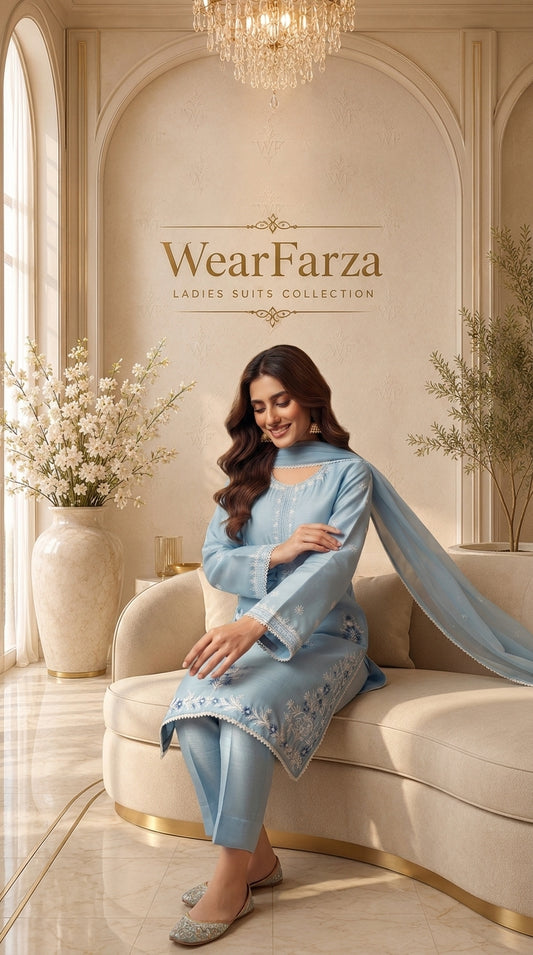 Elegant Sky Blue Embroidered Chiffon Stitched 3-Piece Suit