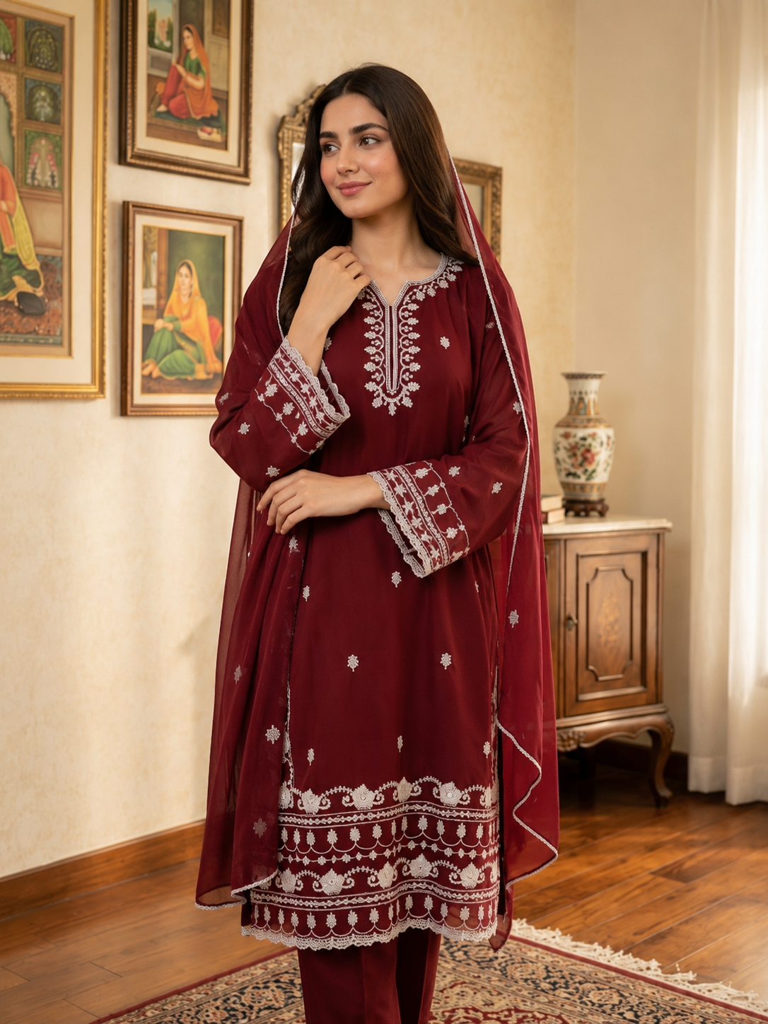 Maroon Embroidered Chiffon Stitched 3 Piece Suit