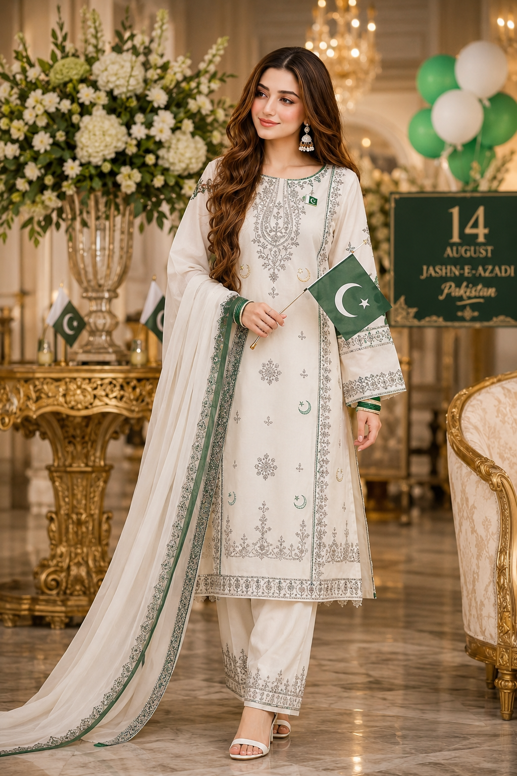 🇵🇰 Azadi Special | White & Green Embroidered Premium 3-Piece Chiffon Suit