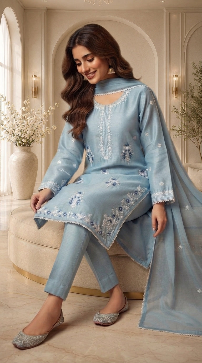 Elegant Sky Blue Embroidered Chiffon Stitched 3-Piece Suit
