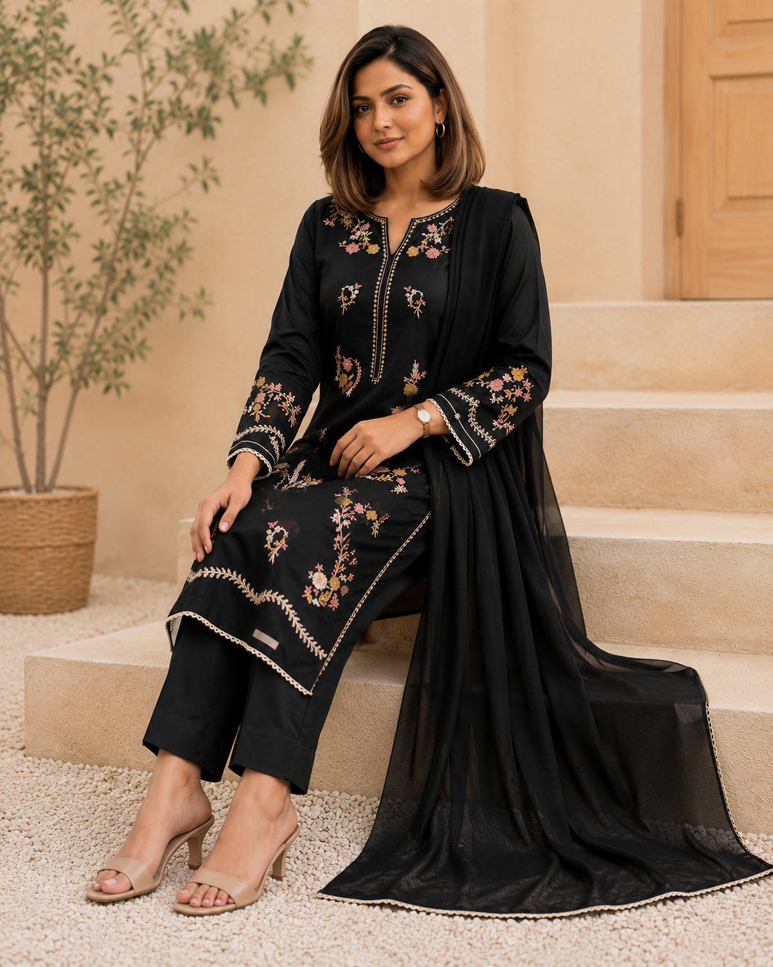 Elegant Black Multi-Colour Embroidered Chiffon Stitched 3-Piece Suit