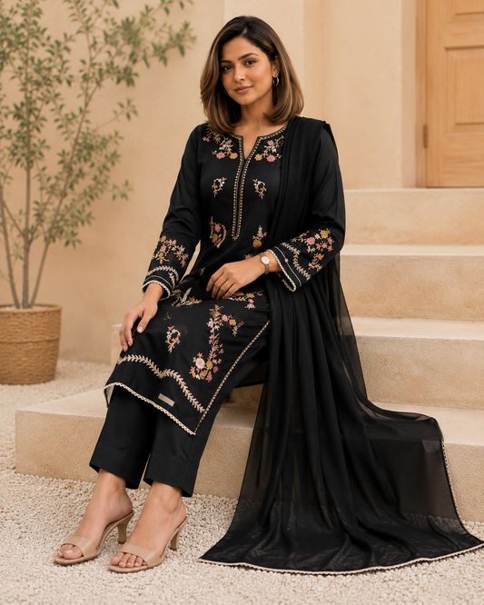 Elegant Black Multi-Colour Embroidered Chiffon Stitched 3-Piece Suit