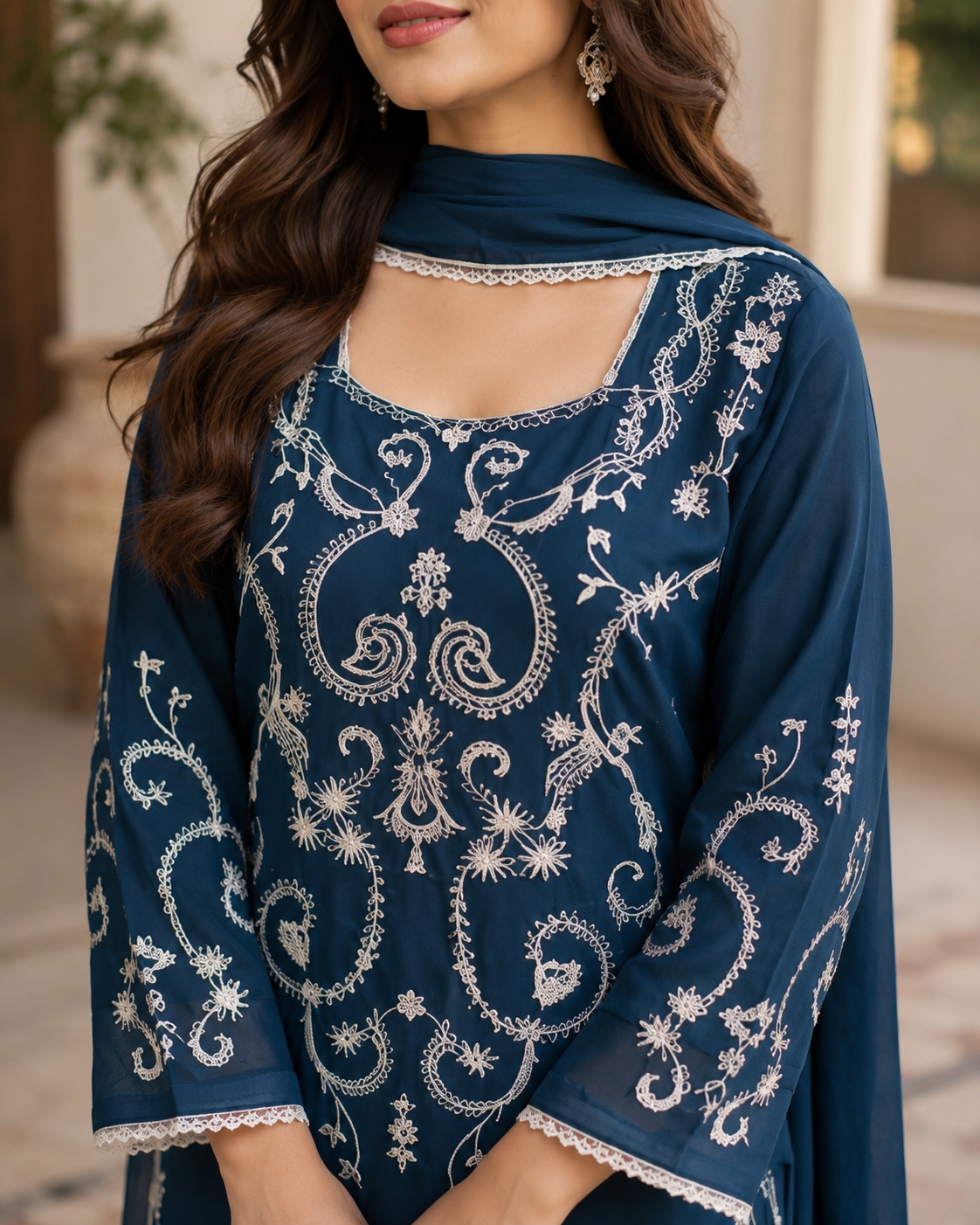 Midnight Blue Embroidered Chiffon Stitched 3 Piece Suit