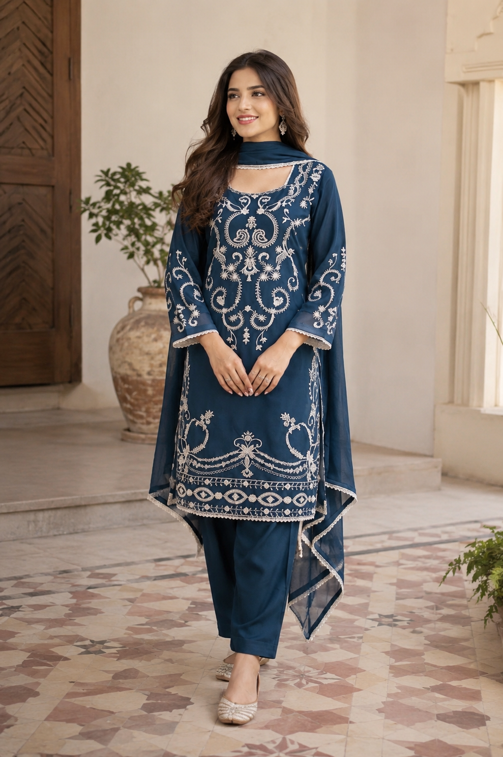 Midnight Blue Embroidered Chiffon Stitched 3 Piece Suit
