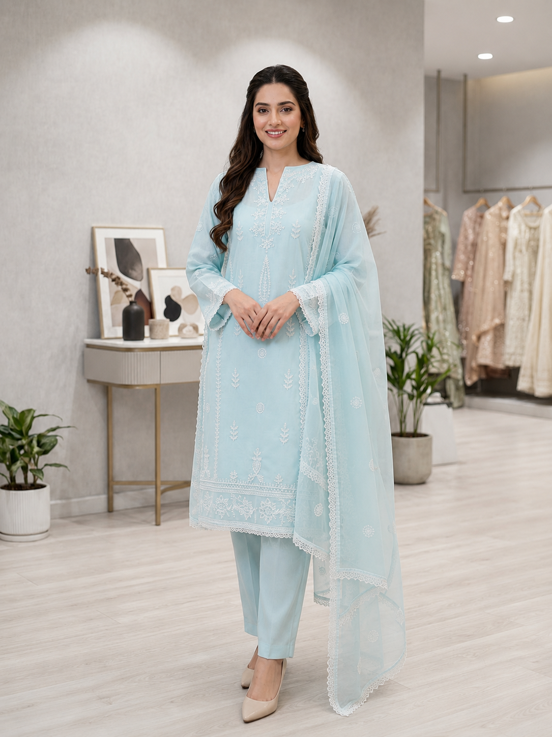 Sky Blue Embroidered Chiffon Stitched 3 Piece Suit