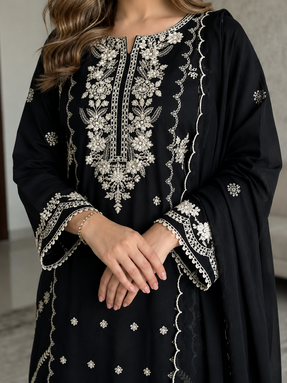 Elegant Black Embroidered Stitched 3-Piece Suit