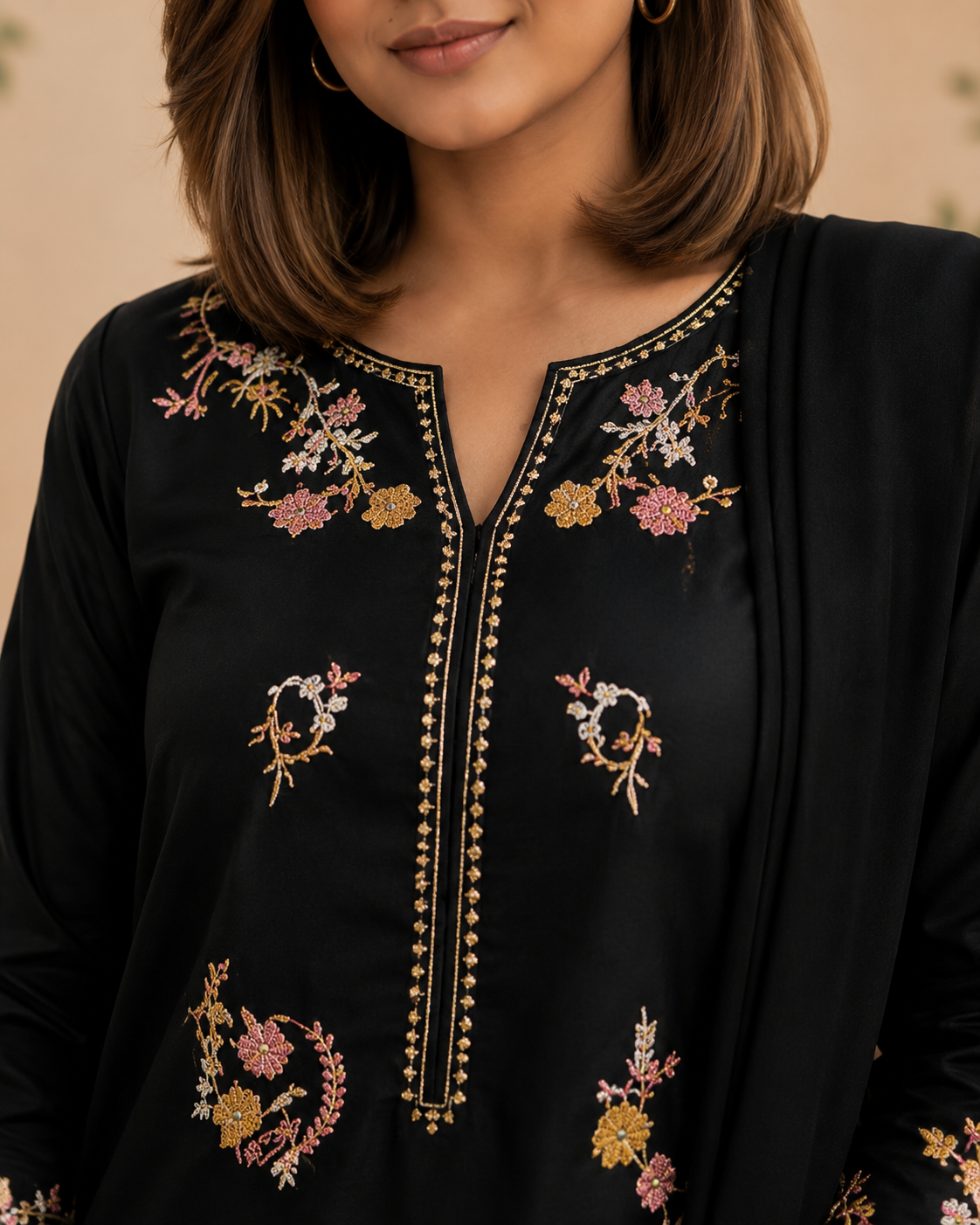 Elegant Black Multi-Colour Embroidered Chiffon Stitched 3-Piece Suit