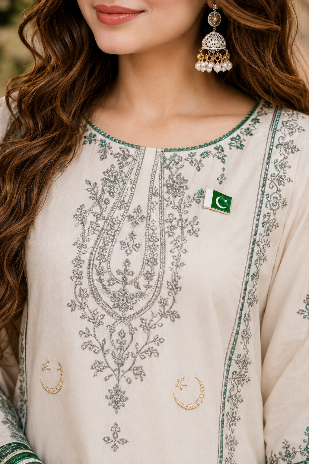 🇵🇰 Azadi Special | White & Green Embroidered Premium 3-Piece Chiffon Suit