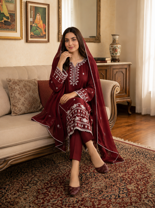 Maroon Embroidered Chiffon Stitched 3 Piece Suit