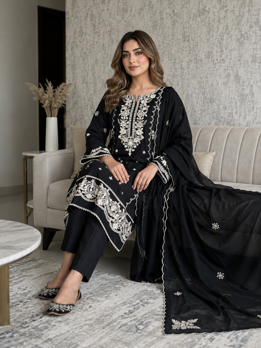 Elegant Black Embroidered Stitched 3-Piece Suit