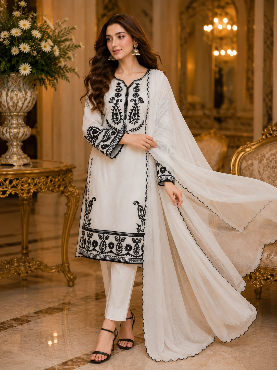 Elegant White & Black Embroidered Stitched 3-Piece Suit