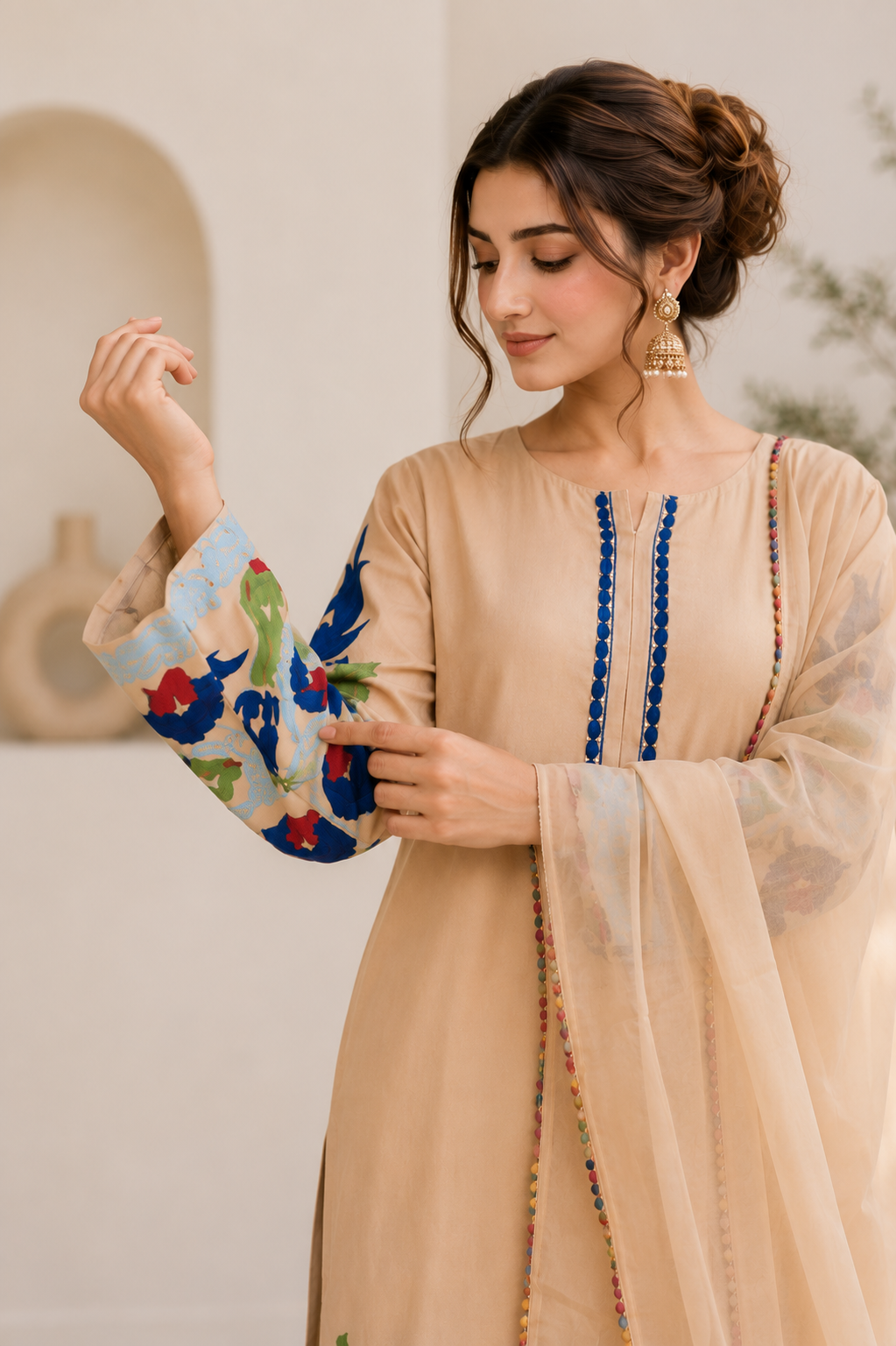 Elegant Beige Floral 3-Piece Stitched Suit