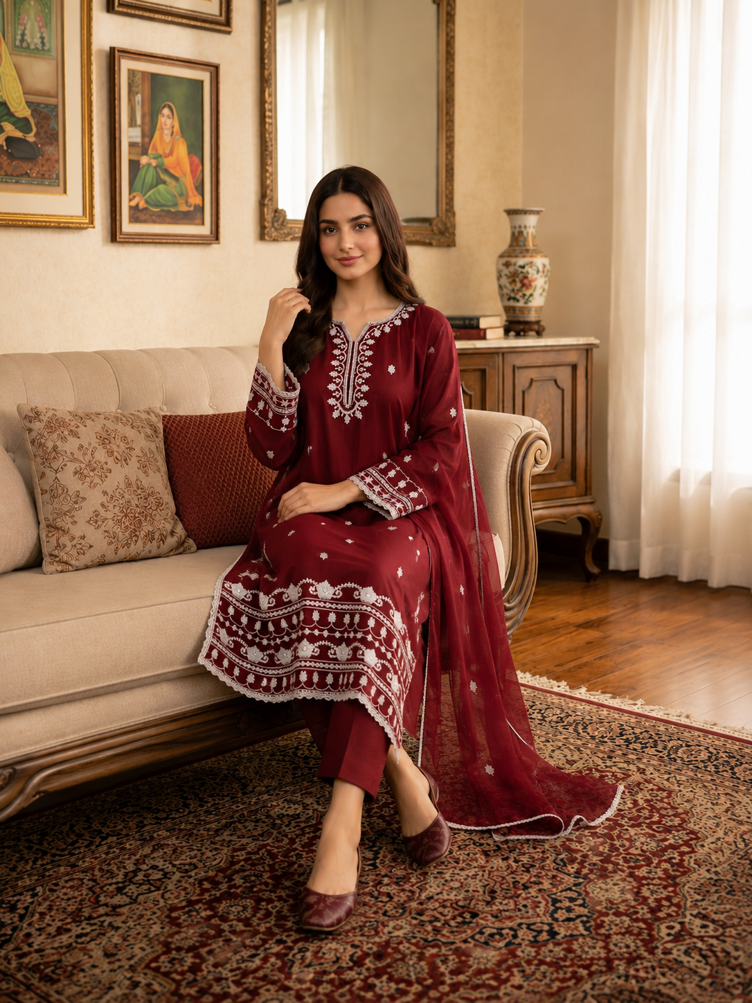 Maroon Embroidered Chiffon Stitched 3 Piece Suit