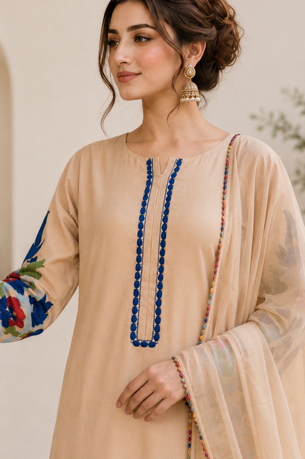 Elegant Beige Floral 3-Piece Stitched Suit