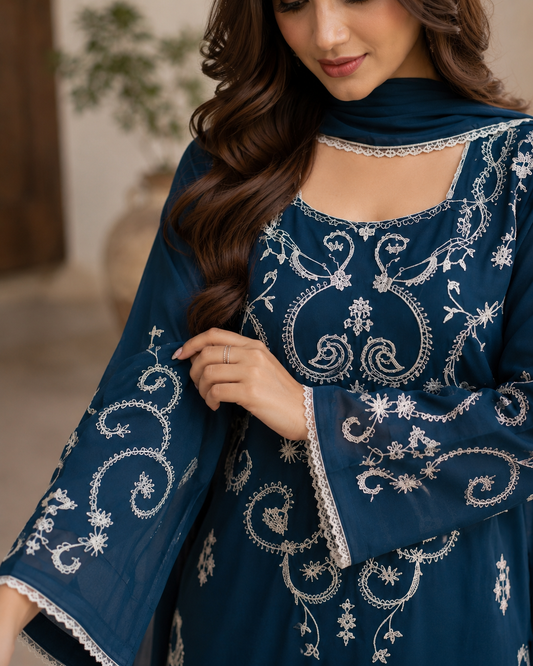 Midnight Blue Embroidered Chiffon Stitched 3 Piece Suit