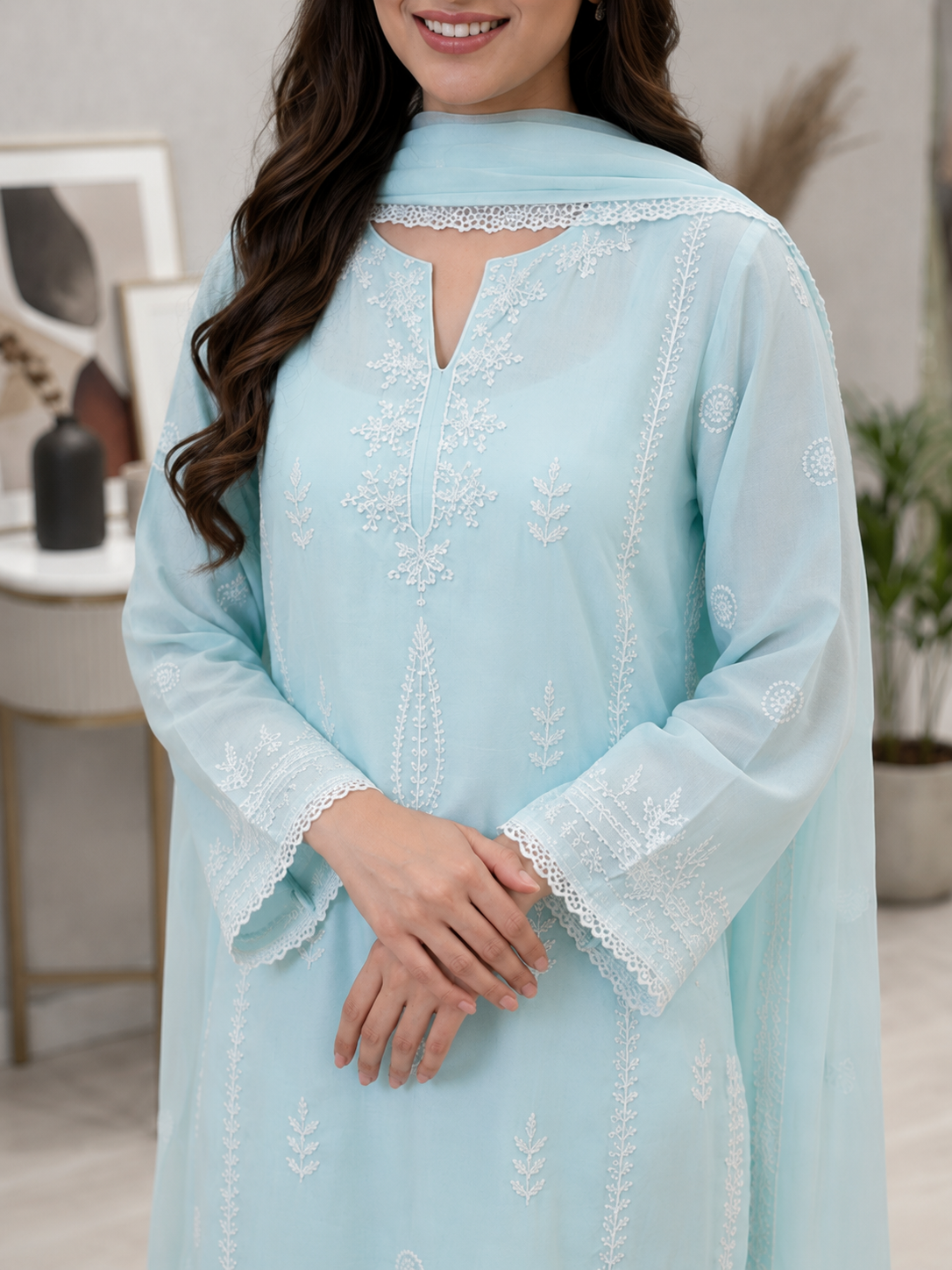 Sky Blue Embroidered Chiffon Stitched 3 Piece Suit