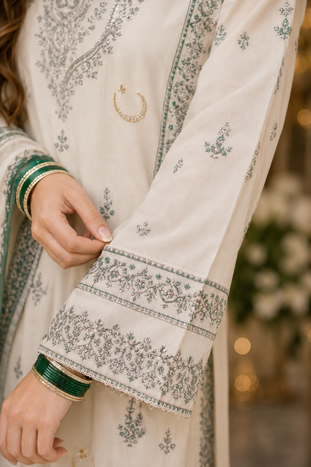 🇵🇰 Azadi Special | White & Green Embroidered Premium 3-Piece Chiffon Suit