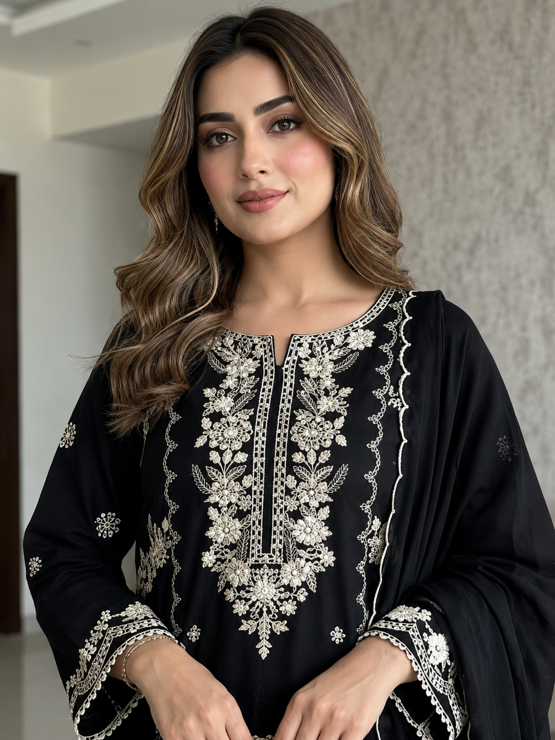 Elegant Black Embroidered Stitched 3-Piece Suit