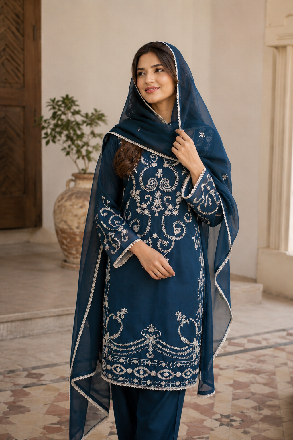 Midnight Blue Embroidered Chiffon Stitched 3 Piece Suit