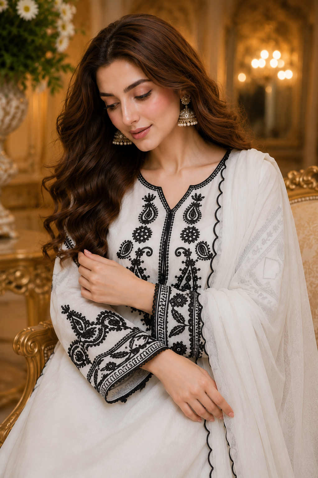 Elegant White & Black Embroidered Stitched 3-Piece Suit