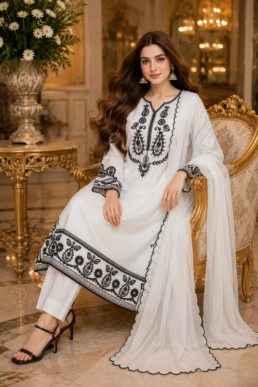 Elegant White & Black Embroidered Stitched 3-Piece Suit
